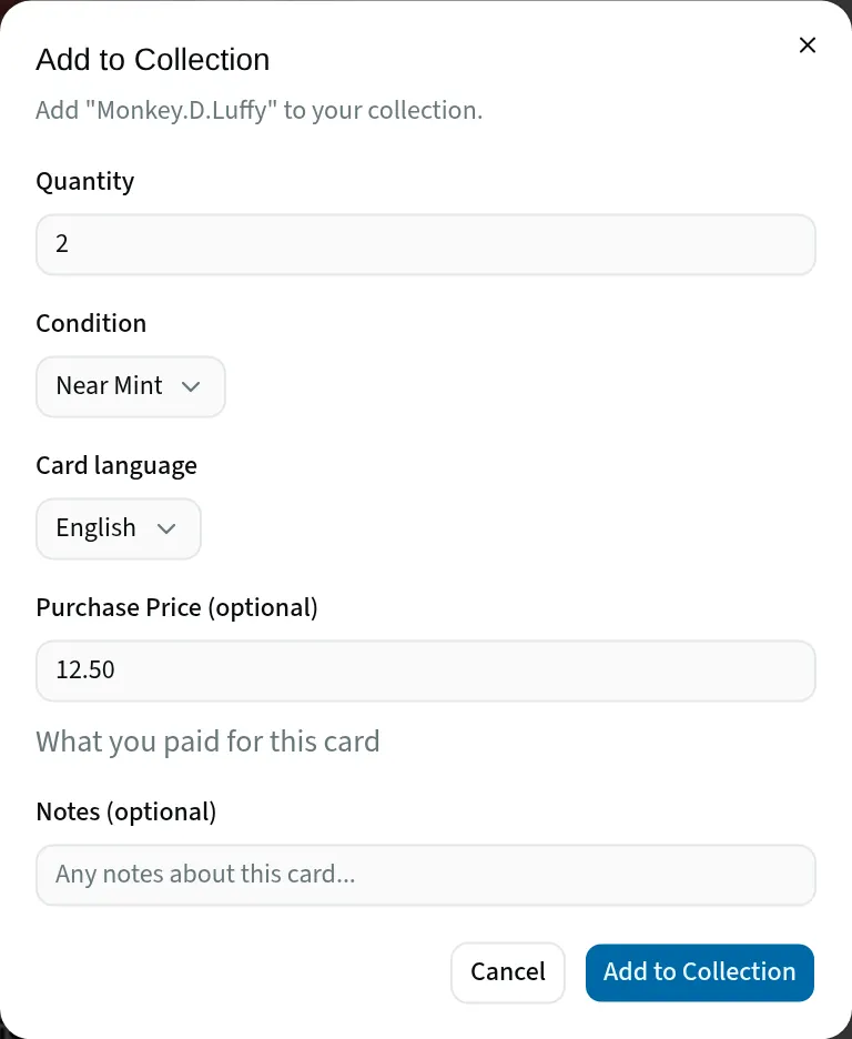 The add-to-collection dialog: quantity, condition, language, purchase price and notes.