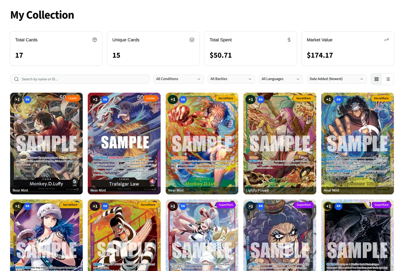 The collection page: the number of cards, what they cost and what they are worth, then the cards themselves.